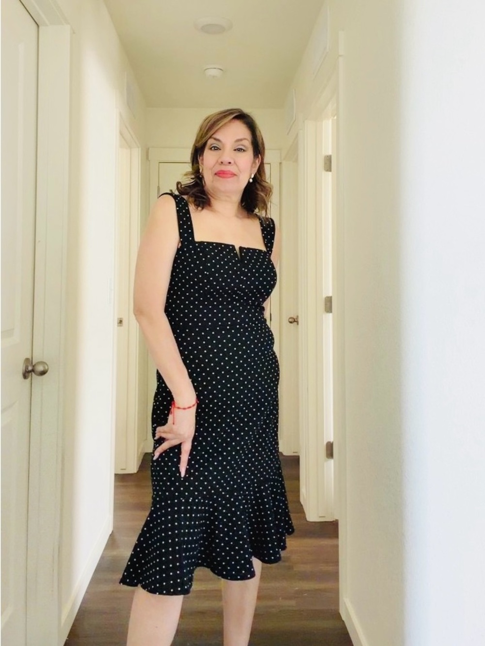 Black Polka Dot Square-Neck Midi Dress with Ruffled Hem